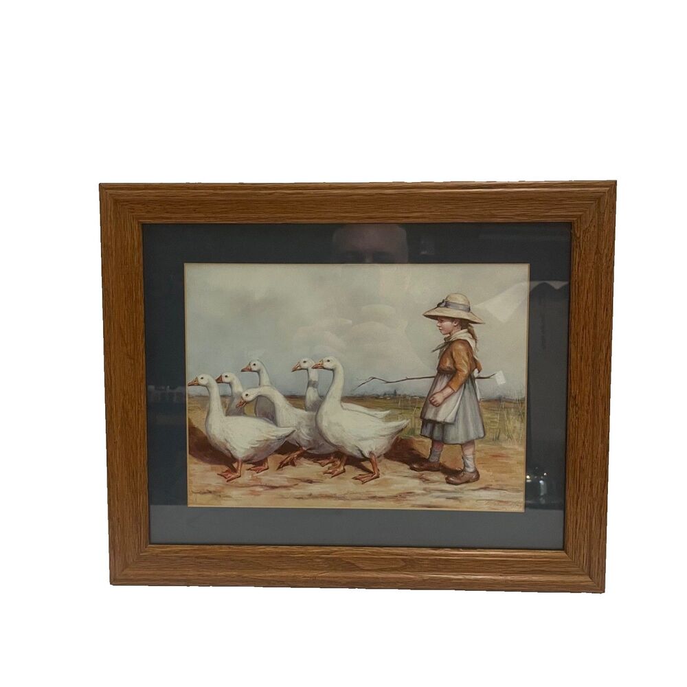 Vintage Framed Print Girl & Ducks Geese Oak Frame Blue Velvet Cottagecore 13x16